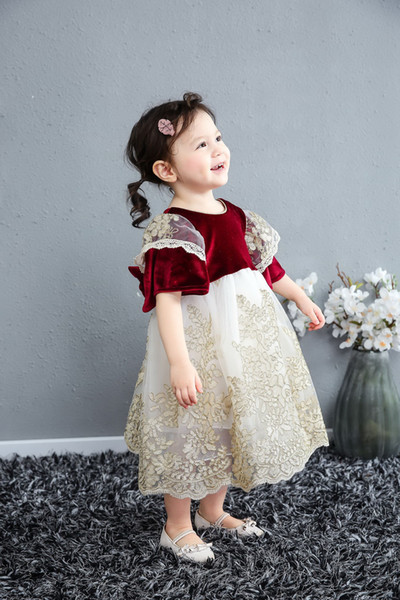 Palace Style Baby Girl Dresses Lace Embroidery Red Princess Dress for First birthday Party Kids Clothes 1-5Y E4645