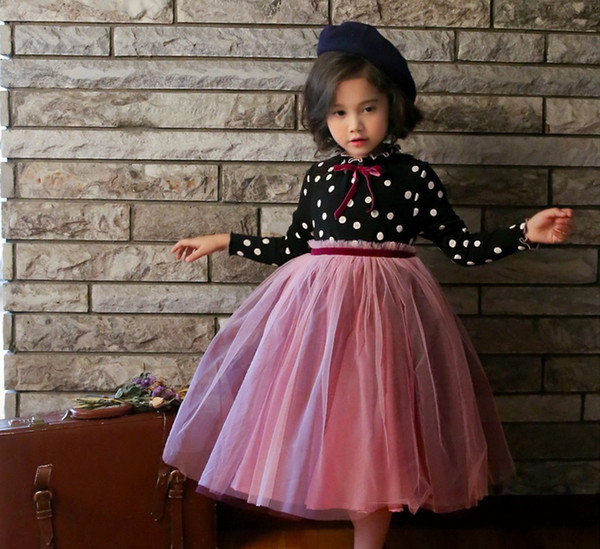 Wholesale Polka Dot Girls Dresses 2019 Fall Dress Long Sleeve Gauze Princess Dress Baby Clothes 3-10Y E636