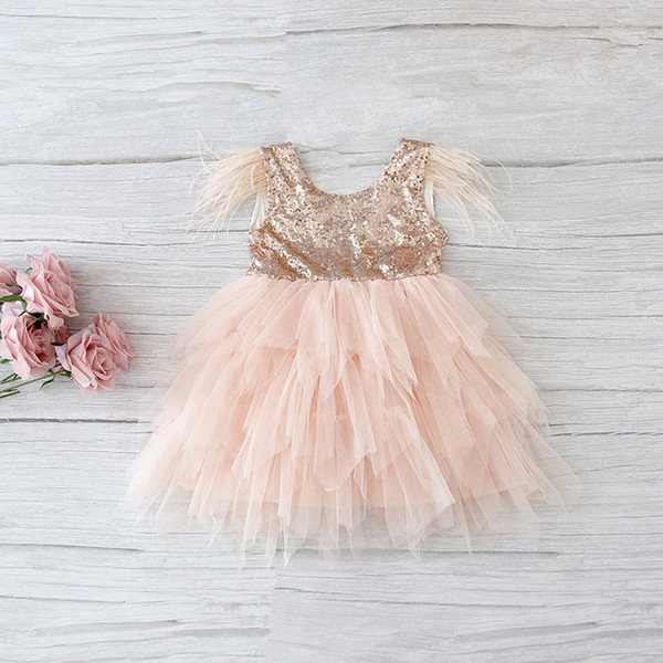 Retail Feather Sequins Tiered Girls Dress Fluffy Tulle Party Kids Princess Dresses for Girls Baby Clothes 2-10Y E13846