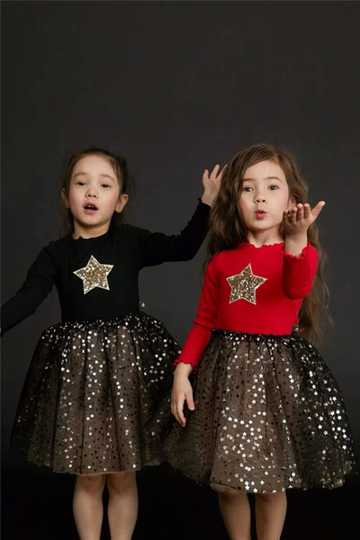 Retail Sequins Star Girls Dressess 2019 Fall Dress Full Sleeve Glitter Tulle Princess Dress for Girls Baby Clothing 2-8T SK005