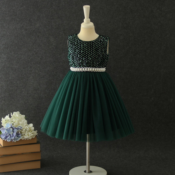 Retail Christmas Sequins Dress Pearl Sash Green Performance Wedding Dresses Baby Clothes E19015