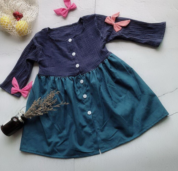 Wholesale 2019 Fall Girls Dress Navy Full Length Buttons Kids Dresses for Princess Girl Baby Clothes 1-6Y E19028