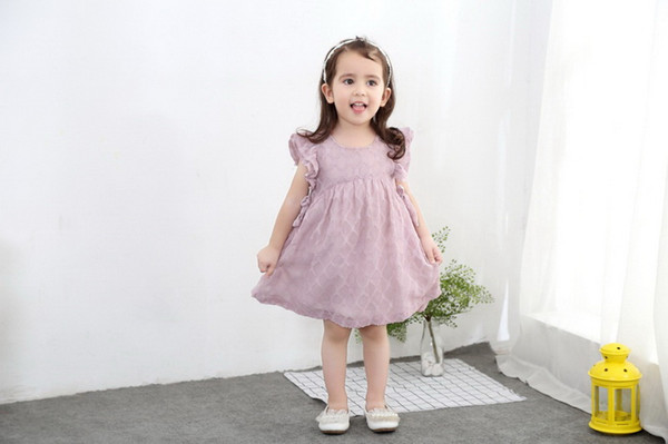 Wholesale Baby Girls Chiffon Dress Causal Solid Drawstring Sleeveless Flare Sleeve Cute Dresses Children Clothing 2-6Y LT013