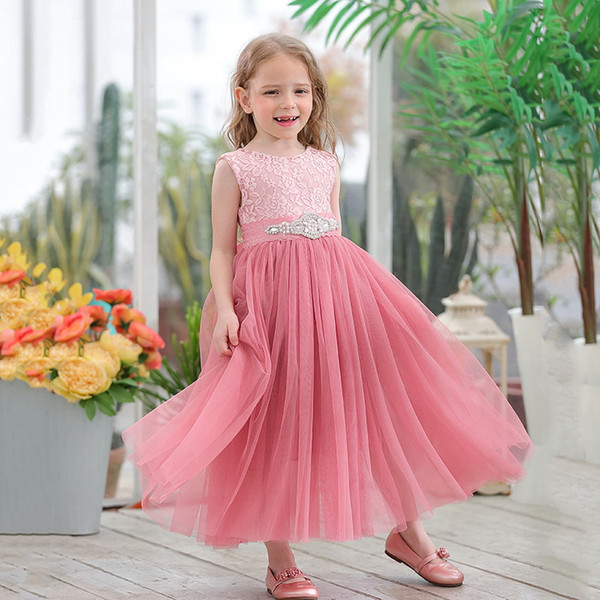 Wholesale Baby Girl Princess Dress Pink Lace Sleeveless Long Dress For Wedding Party Free Sash Kids Clothing 1-8Y E13845