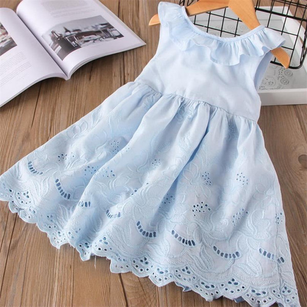 Wholesale Baby Girl Ruffles Bow Dress Children Embroidery Sleeveless Crew Neck Dress Kids Clothes 2-6T LT009