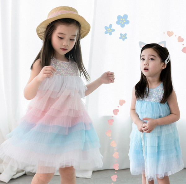 Retail Summer Colorful Sequins Girls Dress Kids Princess Dresses for Girl Layered Sundress Baby Clothes 2-7Y E19062