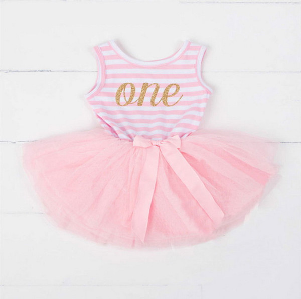 Wholesale Baby Girl Birthday Dress 1-2-3T Sleeveless Stripe Summer Princess Tulle Dress Children Clothes E90239