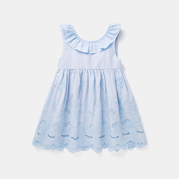 Retail Baby Girl Ruffles Bow Dress Children Embroidery Sleeveless Crew Neck Dress Kids Clothes 2-6T LT009