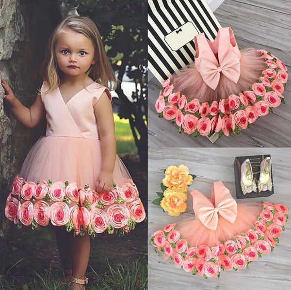 Retail Little Girl Princess Dresses Sleeveless Rose Flower Wedding Birthday Party tutu Dress Children Clothing E22153