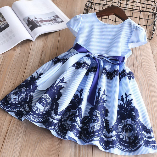 Wholesale Blue Stripe Embroidery Dress For Baby Girls Children Summer Cotton Causal Dress Kids Clothes 2-6Y LT011