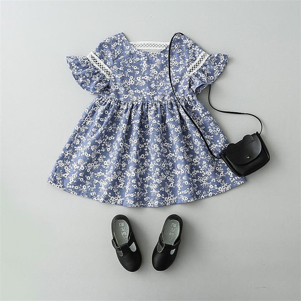 Retail 2019 Summer Blue Flower Print Girl Dress Summer Hollow Out Kids Dresses for Girl Baby Clothes 2-6Y LT017