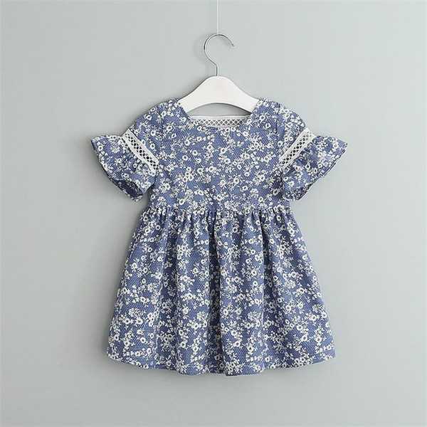 Wholesale 2019 Summer Blue Flower Print Girl Dress Summer Hollow Out Kids Dresses for Girl Baby Clothes 2-6Y LT017