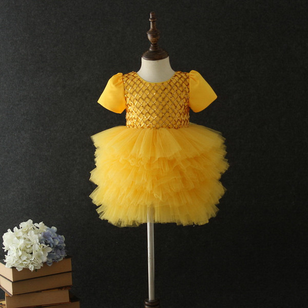 Retail Little Baby Short Sleeve Flower Dress Short Sleeve Sequins Plaid Performance Wedding Dresses Kids Clothing E19030