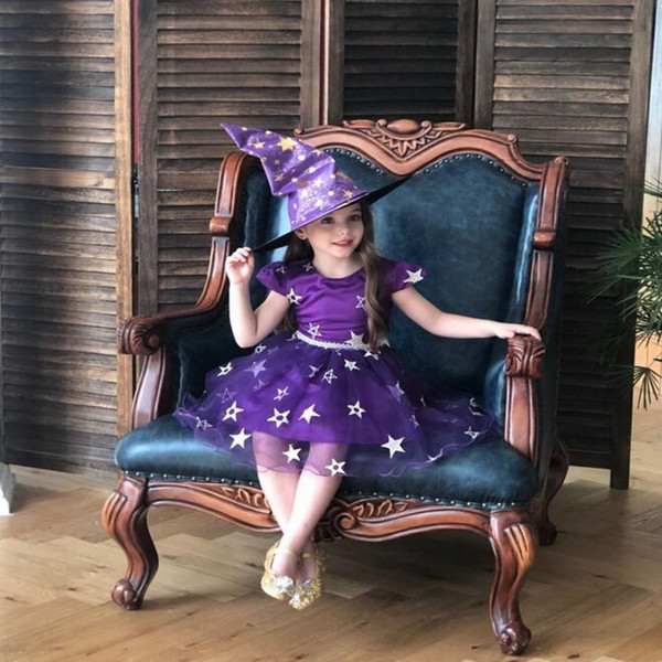 2019 New Halloween Baby Girl Dress Witch Star Cosplay With Hat Children Costumes Kids Dresses for Girl Baby Clothes 0-8Y E2015