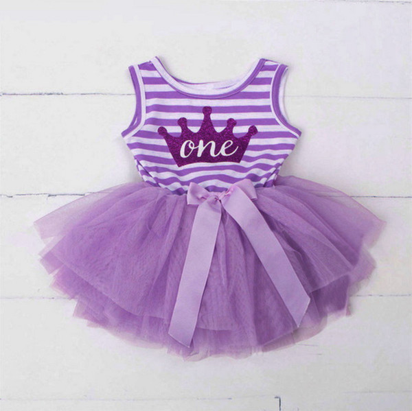 Wholesale Baby Girl Birthday Dress Crown Letters Sleeveless Stripe 1-2-3T Summer Princess Cake Dress Children Clothes E90287