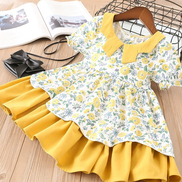 Wholesale Baby Girl Dress Peter pan Collar Floral Flower Summer Short Sleeve Cotton Casual Dress Kids Clothing 2-6Y LT012