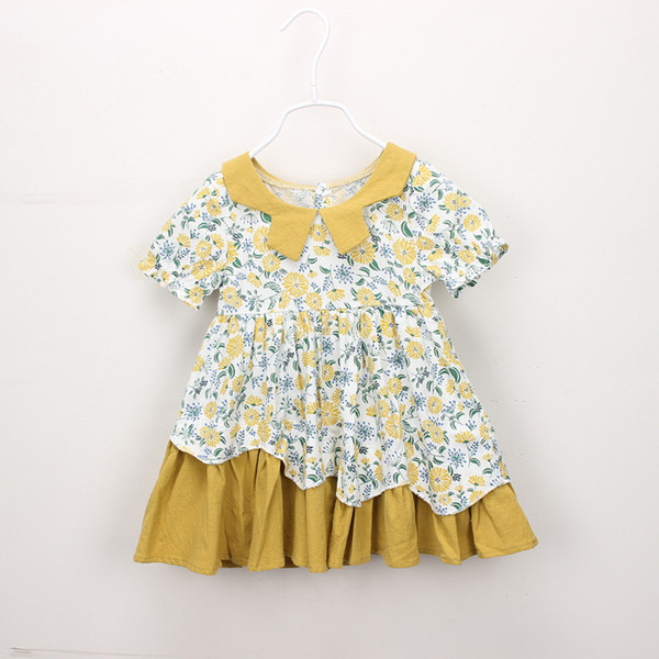 Retail Baby Girl Dress Peter pan Collar Floral Flower Summer Short Sleeve Cotton Casual Dress Kids Clothing 2-6Y LT012