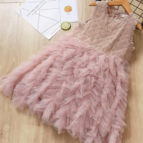 Retail Children Princess Dress 2019 Summer New Style Kids Sleeveless Solid Color Mesh Dress For Cute Girls Party Dress AX937