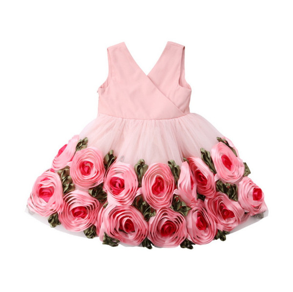 Wholesale Little Girl Princess Dresses Sleeveless Rose Flower Wedding Birthday Party tutu Dress Children Clothing E22153