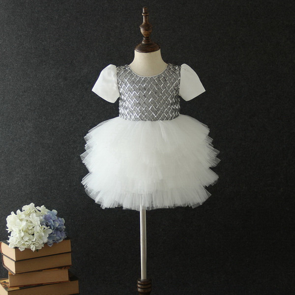 Wholesale Little Baby Short Sleeve Flower Dress Short Sleeve Sequins Plaid Performance Wedding Dresses Kids Clothing E19030