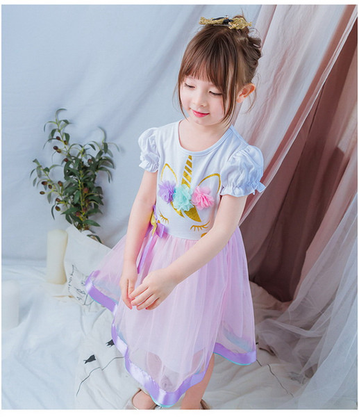 Wholesale 2019 Summer New Unicorn Dresss For Girl Lantern Sleeve Flowers Cosplay Dress Children Clothing 2-6Y E9412