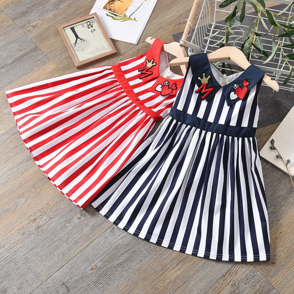 Wholesale Girls Dress 2019 Summer New Striped Love Heart Collar Sleeveless Princess Kids Dressess for Girls Baby Clothes E9055