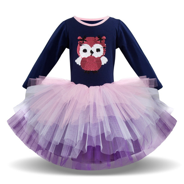 Caroon Dress For Girls Sequins Love Cute Dress Owl Unicorn Colorful Gauze Tiered Princess Dress 2-6 Years E88465