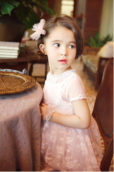 Retail Summer Dress For Girl Lace Thin Dress Pink White Princess Dress Children Clothing 2-7T E1505