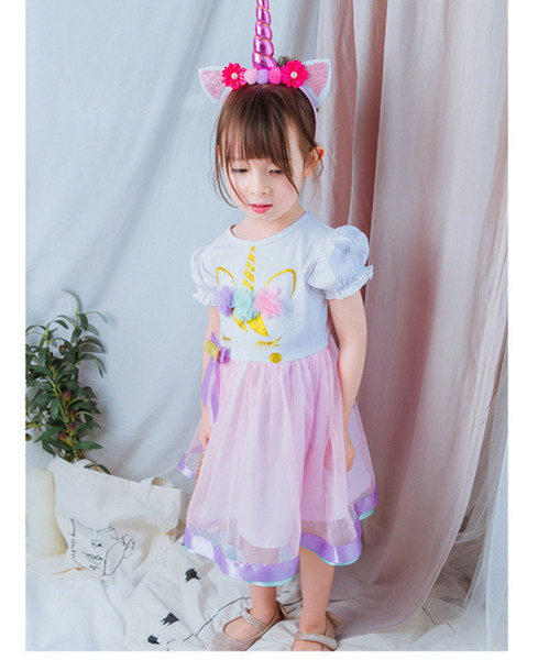 Retail 2019 Summer New Unicorn Dresss For Girl Lantern Sleeve Flowers Cosplay Dress Children Clothing 2-6Y E9412