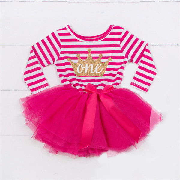 Baby Girl Birthday Dress Crown Letters Long Sleeve Stripe Cake Dress 1-2-3T Princess Dress Children Clothing E90286