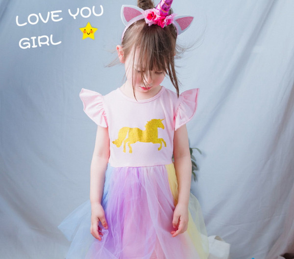 Retail 2019 Summer Pink Unicorn Dress for Girls Colorful Gauze Rainbow Cosplay Dress+Headband Children Clothing 2-6T E9651