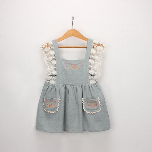 Princess Dresses for Girls Embroidery Lace Vintage Summer Linen Suspender Dress for Holiday Children Clothing LT006