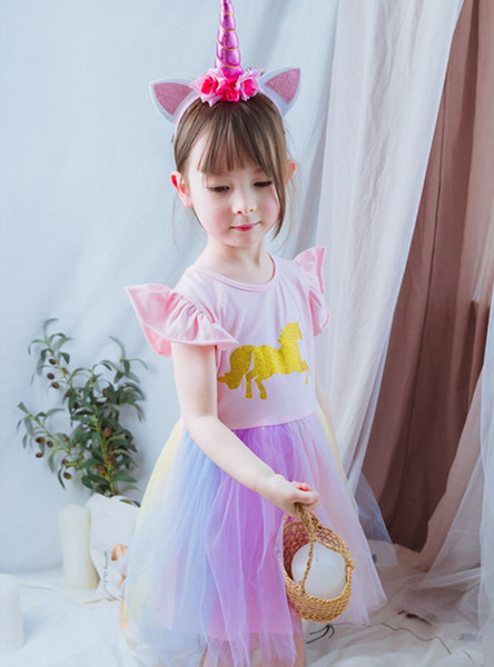 Wholesale 2019 Summer Pink Unicorn Dress for Girls Colorful Gauze Rainbow Cosplay Dress+Headband Children Clothing 2-6T E9651