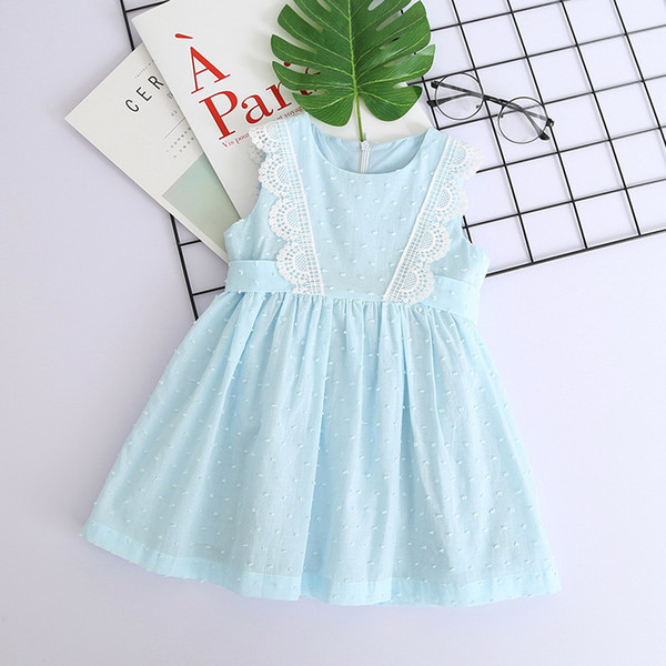 Wholesale Girls Summer Lace Cotton Dress Children Clothes Light Blue Sleeveless Causal Drawstring Dresses 2-7Y LT010