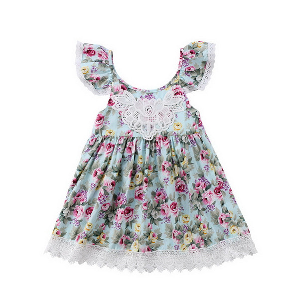 Wholesale Girl Floral Princess Dress Baby Girl Summer Flare Sleeveless Backless Lace Dress Kids Clothes E22152