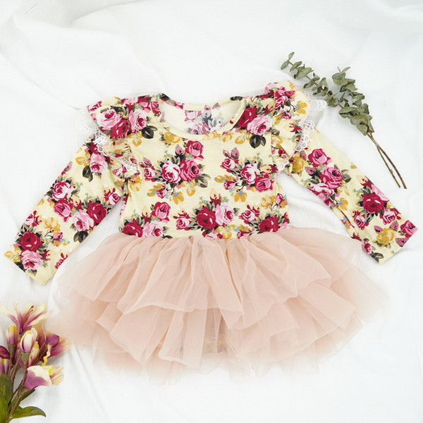 2020 Easter Baby Girl Dress Floral Gauze Long Sleeve Cake Dress Princess Bodysuit Baby Clothes 0-2Y E040