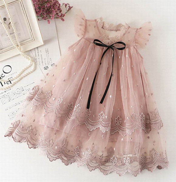 Wholesale Embroidery Girl Dress Lace Collar Flare Sleeve Summer Princess Dresses Baby Clothes 2-7Y E16641