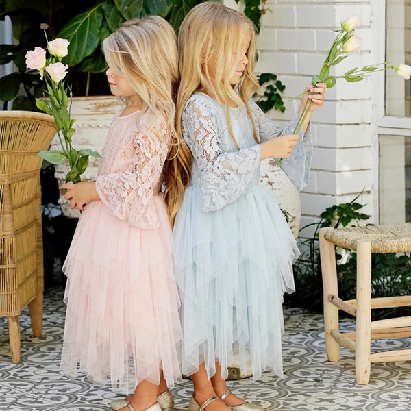 Wholesale Flare Sleeve Flower Girl Dress Soft Gauze Lace Princess Tulle Dress for Wedding Party Baby Clothes 2-8Y E8164