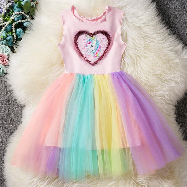 Summer Caroon Dress For Girls Sequins Love Unicorn Princess Dress Colorful Gauze Rainbow Dress 2-6 Years E88463