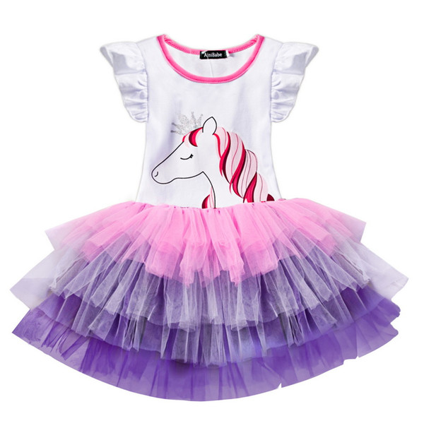 Wholesale Summer Caroon Dress For Girls Crown Unicorn Colorful Gauze Tiered Princess Dress Cake Dress 2-6 Years E88470