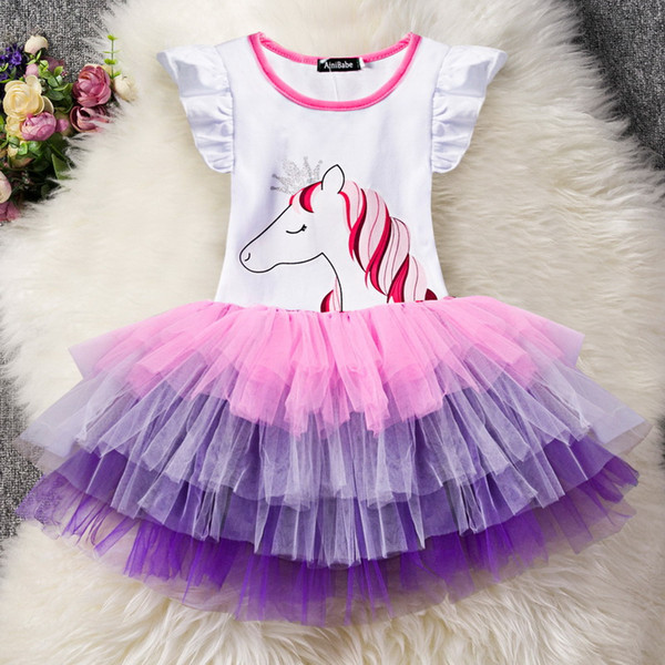 Summer Caroon Dress For Girls Crown Unicorn Colorful Gauze Tiered Princess Dress Cake Dress 2-6 Years E88470