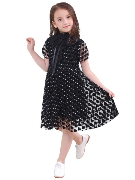 Retail Black White Love Heart Princess Girls Dresses Children Summer Girl Mesh Short Sleeve Dress Kids Clothes A258