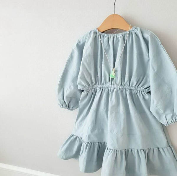 Retail Kids Dresses for Girls 2019 Autumn Cotton Long Sleeve Blue Elastic Waist Casual Girls Dress Baby Clothes 1-6Y E19025