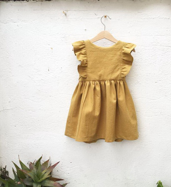 Retail Baby Girls Yellow Dresses Children Clothing Summer Kids Flare Sleeve Ruffle Cotton Linen Dress Beautiful Girls E90235