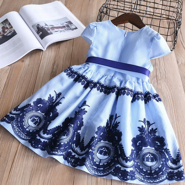 Retail Blue Stripe Embroidery Dress For Baby Girls Children Summer Cotton Causal Dress Kids Clothes 2-6Y LT011