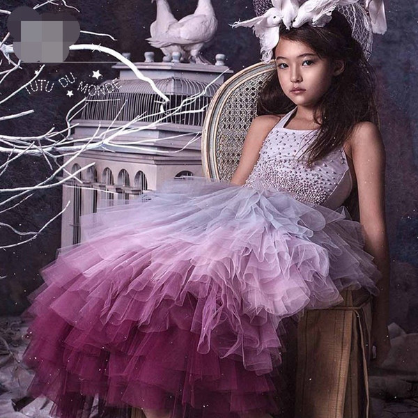 Rainbow Beading Girls Dress Elegant Temperament Princess Dress for Wedding Party Baby Clothes 2-8Y E8989