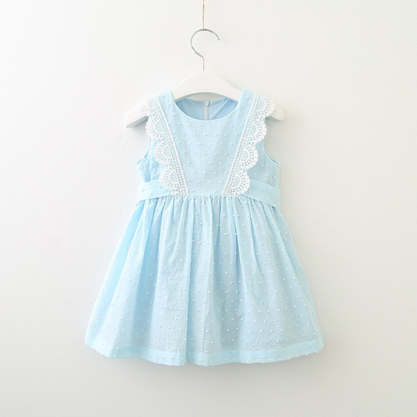 Retail Girls Summer Lace Cotton Dress Children Clothes Light Blue Sleeveless Causal Drawstring Dresses 2-7Y LT010