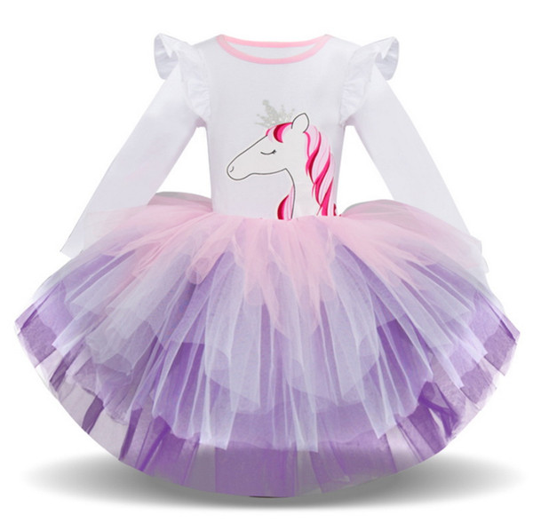 Wholesale Caroon Dress For Girls Sequins Love Cute Dress Owl Unicorn Colorful Gauze Tiered Princess Dress 2-6 Years E88465