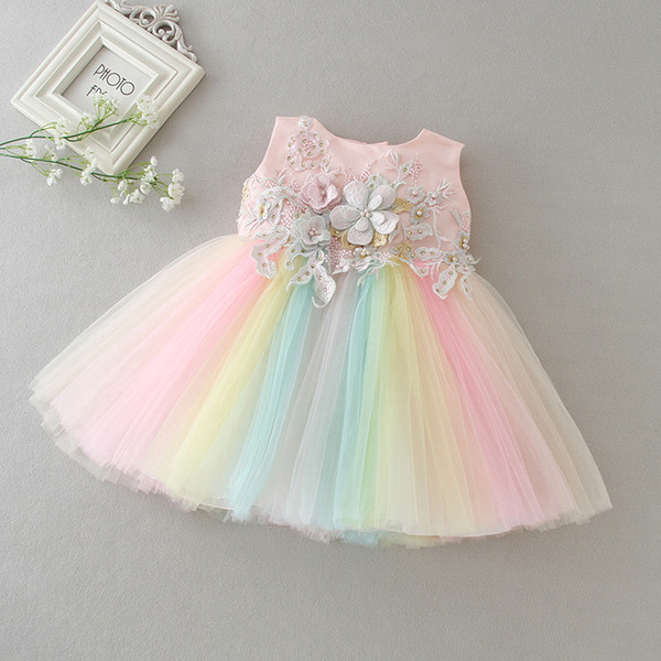 Wholesale Colorful Baby Girl Christening Gown Embroidery First Birthday Baptism Dress for Wedding Party Kids Clothes 9770BB