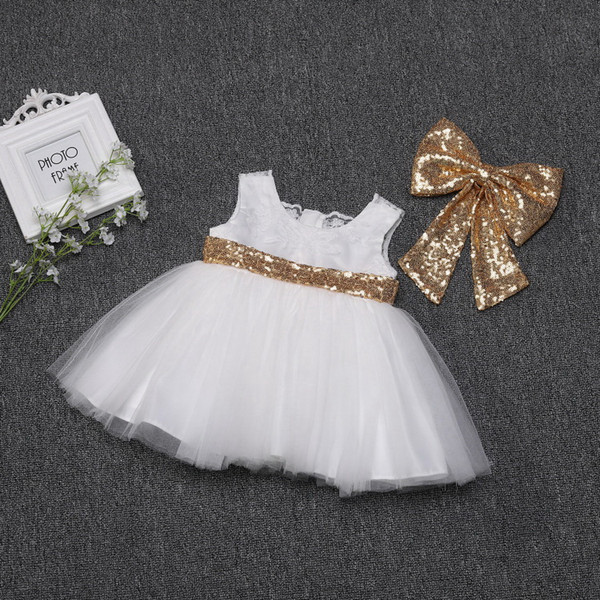 Retail Baby Girl Sequins Bow Dress 2019 Summer New Lace First Birthday Princess Party Wedding Dress Christening Gown E633